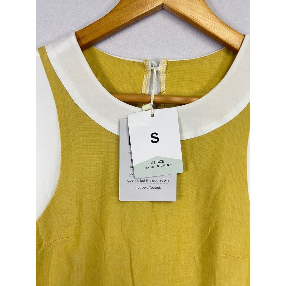 Fashion Clothing Sleeveless Midi Dress Mustard Yellow White Paneled Round Neck S - Picture 5 of 10